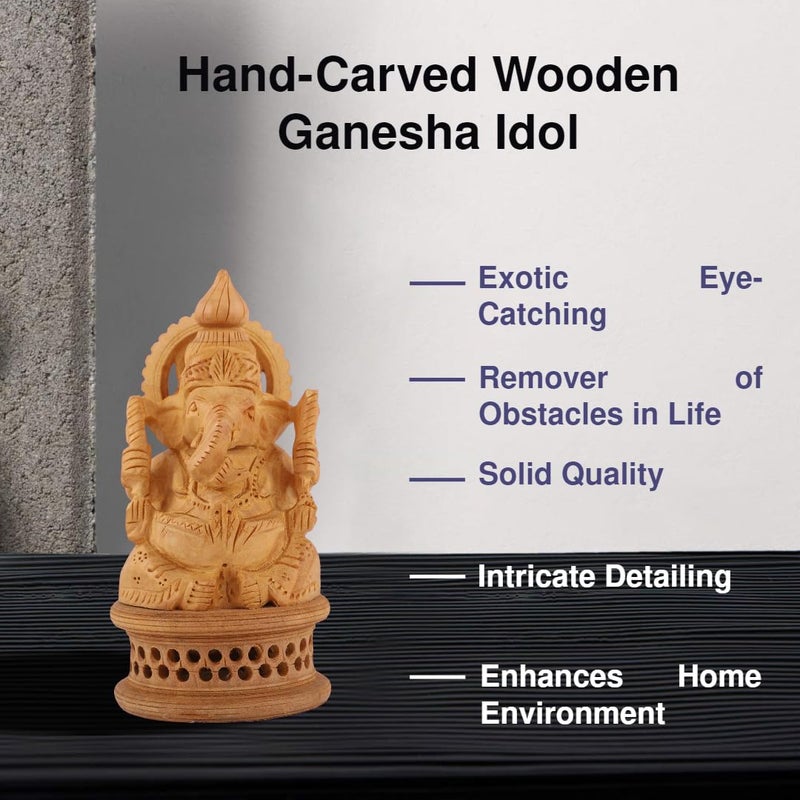 DHYANARSH Wooden Ganesh Idol - Hand Carved Lord Ganesha Wood Sculpture - God of Prosperity and Fortune Brown - Image 3